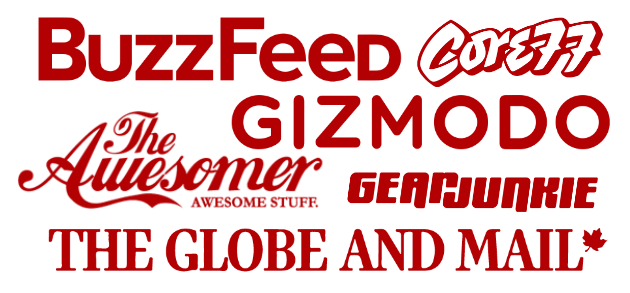 Logos of Buzzfeed, Gizmodo, Core77, The Awesomer, GearJunkie, The Globe and Mail