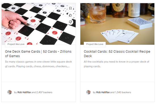 Screenshot of Kickstarter projects for One Deck Game Cards and Cocktail Cards