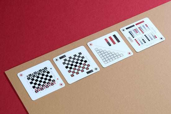 The four jokers of the One Deck Game Cards - showing chess, draughts/checkers, dice, dominoes and backgammon layouts.